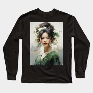 Japanese Girl in Green With Daisies in Her Hair Long Sleeve T-Shirt